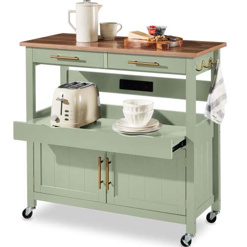 36in Large Rolling Kitchen Island Cart, 2-Door Cabinet, Outlet, & Wheels