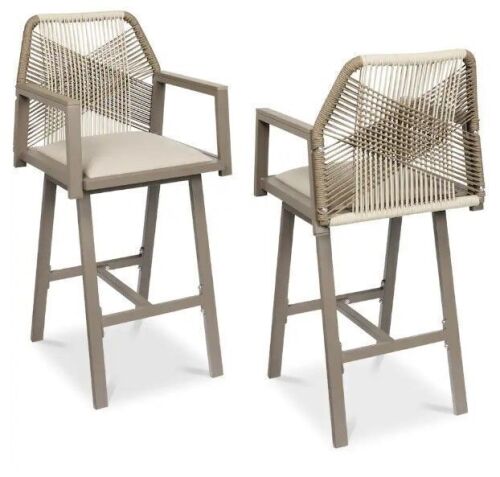 Set of 2 Indoor/Outdoor Aluminum, Woven Rope Swivel Barstools w/ Armrests