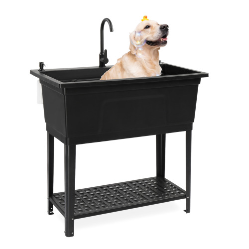 ROVSUN 40" X 24" Heavy Duty Plastic Laundry Tub with Storage Shelf Black