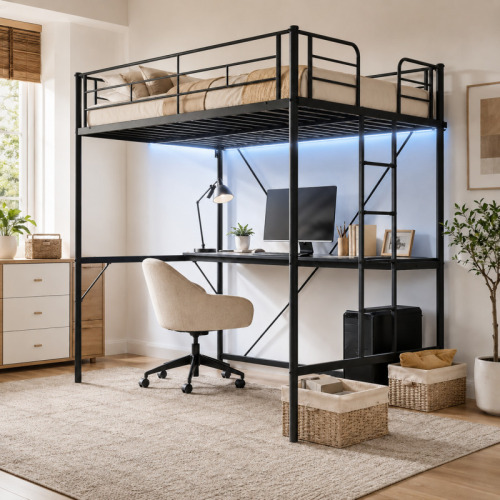 Twin Loft Bed with Desk, Metal Bunk Bed Frame with LED Light and 2 Charging Station, with Ladder