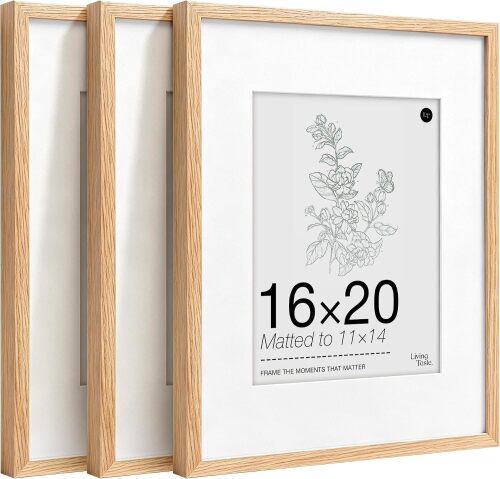 16x20 Solid Oak Wood Picture Frames Set of 3,Natural Wood Frame 16x20 can Display Photo 11x14 With Mat or 16 x 20 Without Mat,Poster Frame With Plexi Glass for Wall Home Decor,3 Pack