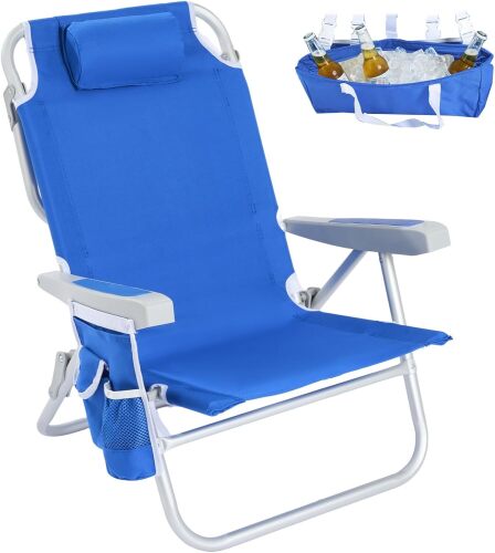 SUNNYFEEL Low Beach Chair, 5-Position Lay Flat Reclining Backpack Chair with Cooler Bag & Cup Holder, Portable Folding Beach Chair for Adults, Heavy Duty 350 LBS, Blue