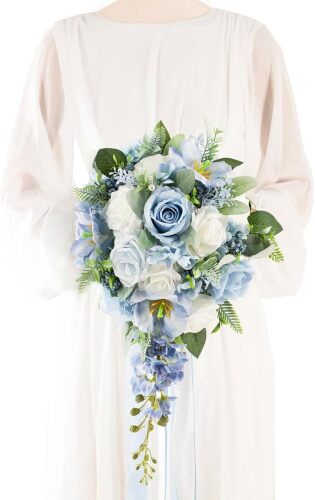 12 Inch Cascade Wedding Bouquets for Bride, Dusty Blue & White