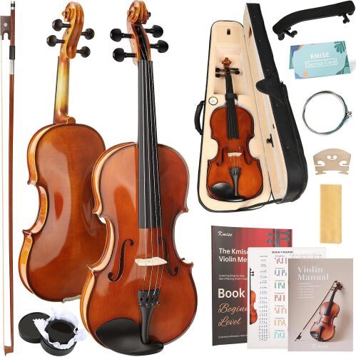 Kmise Violin 4/4 Full Size Starter Kit for Students Beginners Adults, Quality Ebony Acoustic Fiddle Set with Hard Case, Bow, Rosin, Extra Strings, Shoulder Rest, Guide & Chart