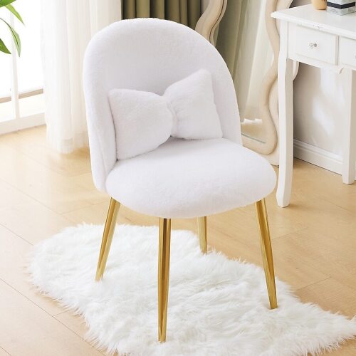 VINGLI Fluffy Girls Vanity Chair with Back and Pillow/Comfy Makeup Chair with Ajustable Gold Legs Plush White