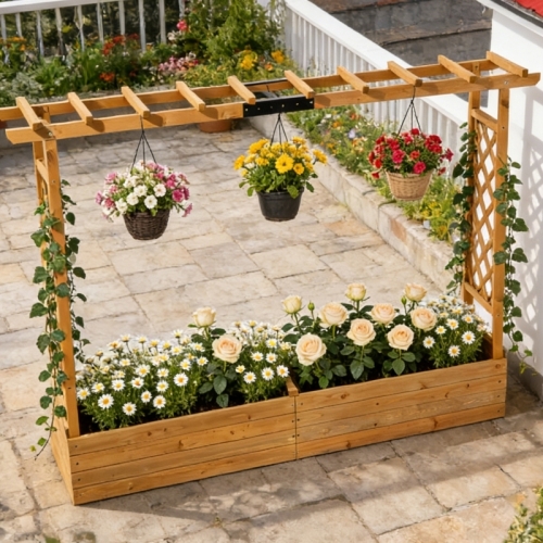 Teak Raised Garden Bed with Trellis & Hanging Roof, Vertical Planter Box with Drainage Holes