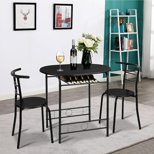 VINGLI 3 Piece Dining Set with 2 Chairs 1 Table and Wine Rack Black