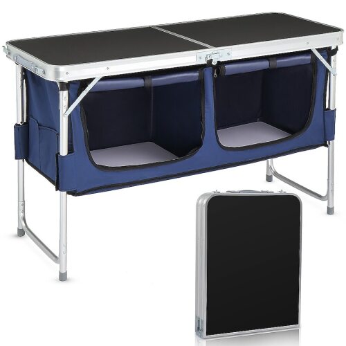 VINGLI 4 Ft Aluminum Height-adjustable Picnic Table with Storage for Outdoor Beach BBQ Backyards Travel Party Black and Blue