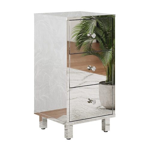 VINGLI 11.8W x 23.5H 3-Drawers Nightstand with Mirror-Look Finish/Silver Nightstand for Bedroom