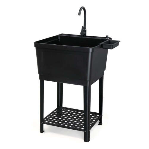 ROVSUN 24" x 24" Plastic Utility Sink with Storage Shelf Black
