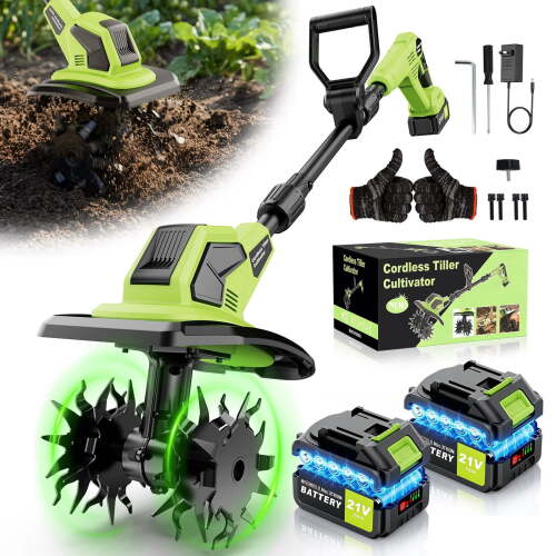 21V Cordless Tiller Cultivator, 360RPM Electric Garden Tiller, with 2 * 3.0Ah Batteries & Charger, 9In Tilling Width and 6.7In Depth Garden Rototiller for Lawn/Gardening/Soil Cultivation