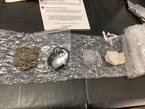 VIP Crystal Club Box - Pyrite Cluster, Clear Quartz Necklace, Clear Quartz Pyramid and Insert Card Information