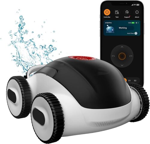 Cordless Robotic Pool Cleaner, Automatic Pool Robot Vacuum with App, Lasts up to 240 Mins, Ultra-fine Dual Filter Ideal for Above/In-Ground Pool up to 1,076 Sq.ft