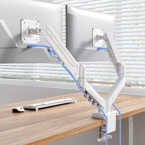 Flexispot Dual Monitor Arm, 17-32 Inch Monitor Mount up to 19.84 lbs, Fast Install VESA Mount for Home Office Gaming, Full Adjustable Gas Spring with C-Clamp and Grommet Base, White