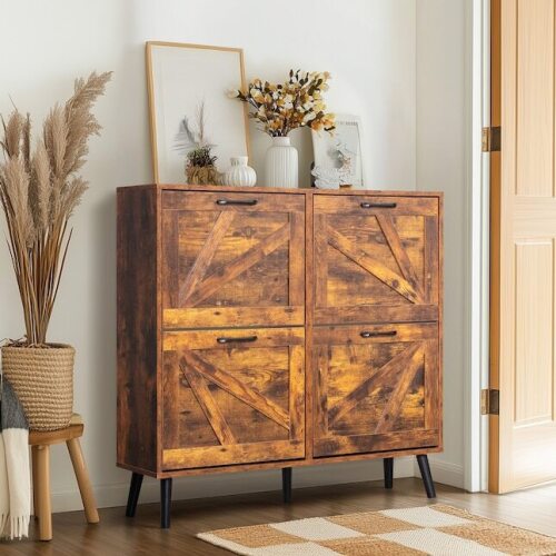 FcH Barn Door 4 Flip Black Handles Melamine Particleboard Black Legs Shoe Cabinet 41.7In Weathered Wood