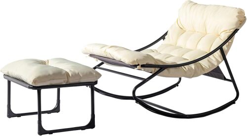 VINGLI Outdoor Rocking Chair with Ottoman, Comfortable Cushioned Lounge Chair for Indoor & Outdoor, Supports 400 LBS, White