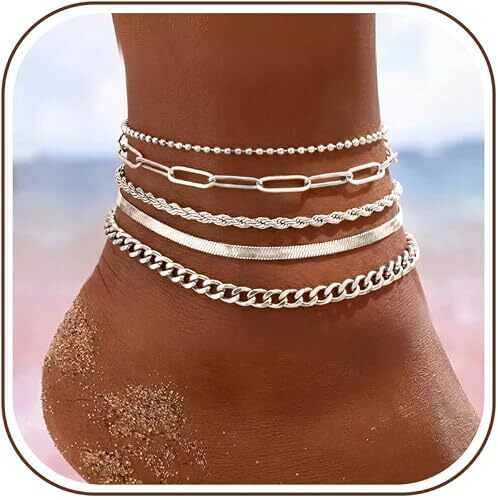 FIBO STEEL 5 PCS Ankle Bracelets for Women 14K Gold Plated Anklets Set Waterproof Stainless Steel, Adjustable Layered Anklets, Non Tarnish Cuban Link Chain with CZ Charm, for Beach Swimming Daily
