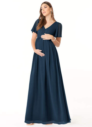 Azazie Verna A-Line V-Neck Ruched Chiffon Floor-Length Dress