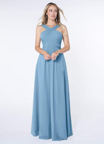 Azazie Kaleigh Steel Blue A-Line Pleated Chiffon Dress