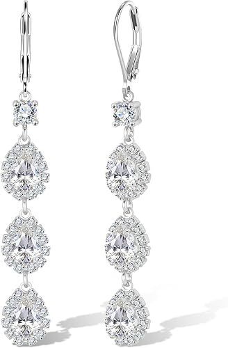 ALEXCRAFT Hypoallergenic Long Zirconia Drop Leverback Earrings for Women Elegant Shiny Bling Cubic Zirconia Long Chandelier Dangling Drop Earrings Trendy Jewelry Brides Engagement Wedding Prom Party