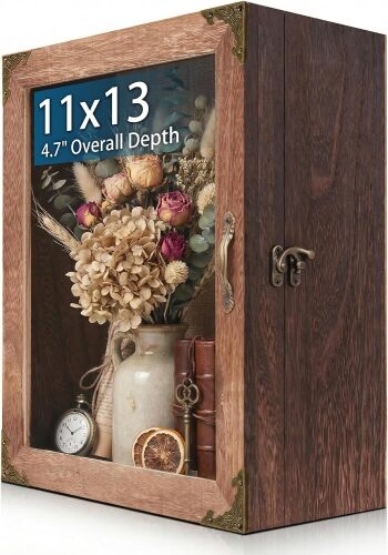 Shadow Box Frame, Depth 5in Shadow Boxes Display Cases, Glass Door, Rustic Burnt Wood, Vintage Metal Accents, Metal Handle and Latch, Linen Back