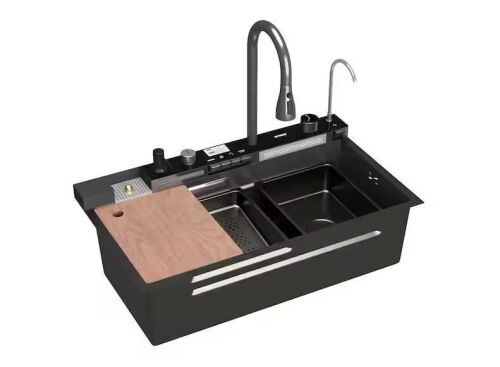 FUFU&GAGA 31.5 in. Drop-in Single Bowl Black 304 Stainless Steel Kitchen Sink Flying Rain Waterfall, Pull-Down Faucet Kitchen Set