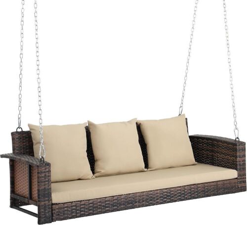 3 Person Wicker Porch Swing, Soft Removable Cushions, 1000 Pound Capacity