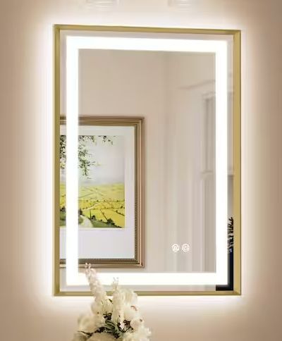20 in. W x 28 in. H Rectangular Framed LED Anti-Fog Wall Bathroom Vanity Mirror in Gold with Backlit and Frontlit
