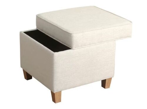 Homepop Cream Textured Woven Polyester and Linen Square Storage Ottoman with Lift-Off Lid