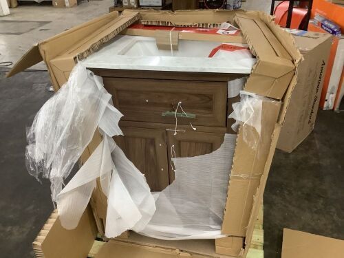 Home Decorators Collection Doveton 24 in. Single Sink Freestanding Dark Walnut Bath Vanity with White Engineered Marble Top - Damaged Front