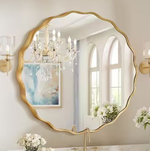 23.5 in. W x 23.5 in. H Round Gold Aluminum Alloy Framed Scalloped Wavy Wall Mirror