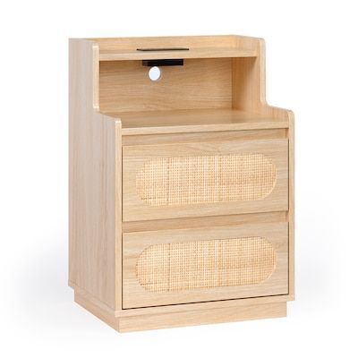 VINGLI 17.72W x 25.6H Rattan Boho Nightstand with 2 Drawers Charging Station and Shelves