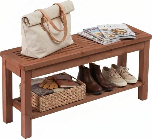 VINGLI Rustic Storage Bench, Solid Wood Seat with Storage Shelf