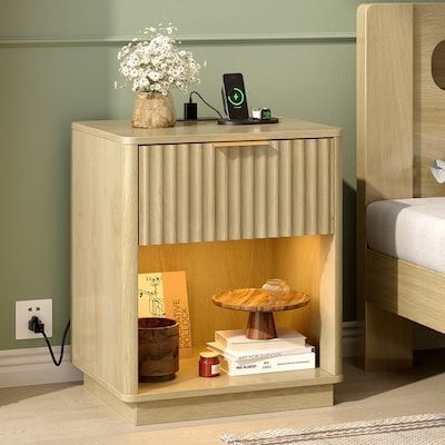 VINGLI 8.9W x 15D x 22.4H LED Rounded Edge Flutted Nightstand with Charging Station Oak