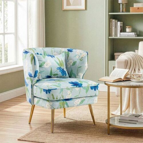 Floral Velvet Barrel Accent Chair With Lumbar Pillow