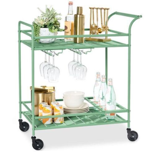 2-Tier Rolling Bar Cart Indoor/Outdoor w/ Shelves, Wine Rack, Locking Wheels