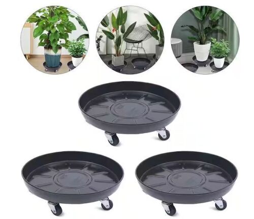 Black Round Iron Indoor Outdoor Plant Flower Pot Saucer Heavy-Duty Flower Pot Tray with Universal Wheels (Set of 3)