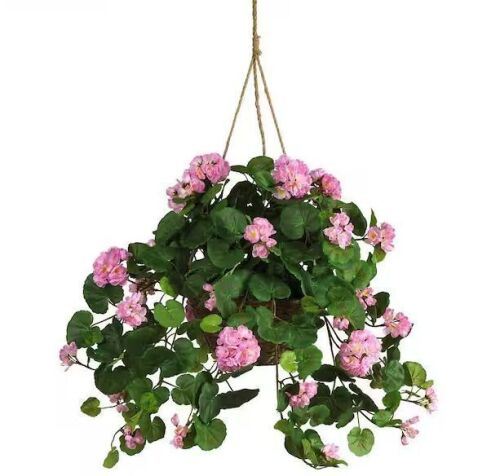 Nearly Natural 24 in. Artificial Geranium Floral Arrangement in Hanging Basket