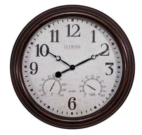 La Crosse 15 in. Brown Indoor/Outdoor Quartz Wall Clock with Thermometer and Hygrometer