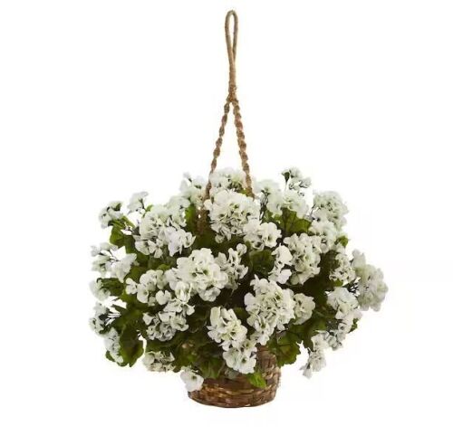 Nearly Natural Indoor/Outdoor UV Resistant White Geranium Hanging Basket Artificial Plant