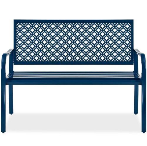 Indoor Outdoor Steel Bench w/ Geometric Backrest, Foot Levelers