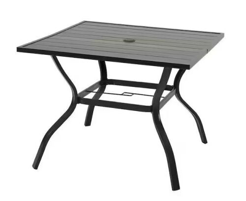 38 in. Brown Square Metal Outdoor Dining Table with Umbrella Hole - Light Damage