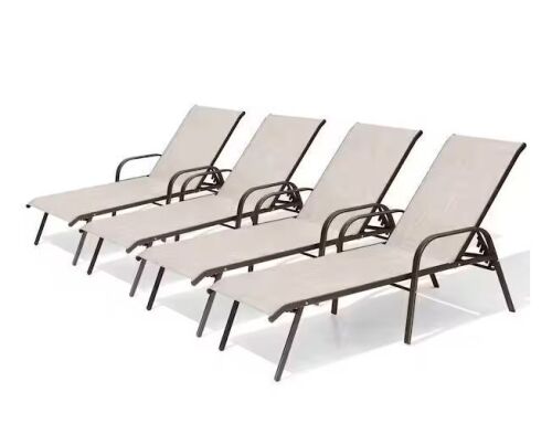 Crestlive Producs 4-Piece Metal Outdoor Chaise Lounge with 5-Position Adjustable Backrest and Curved Armrest Breathable Textilene in Beige
