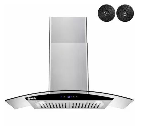 AKDY 30 in. 217 CFM Convertible Wall Mount Range Hood in Stainless Steel w/ Tempered Glass, Black Touch Panel, Carbon Filters
