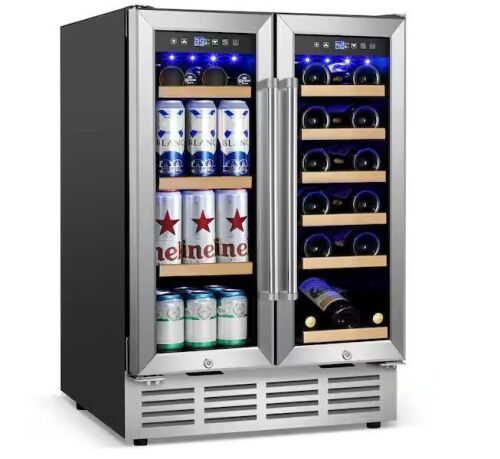 24 in. Dual Zone 18-Wine Bottles and 88-Cans Beverage and Wine Cooler in Stainless Steel with Adjustable Feet, Frostless
