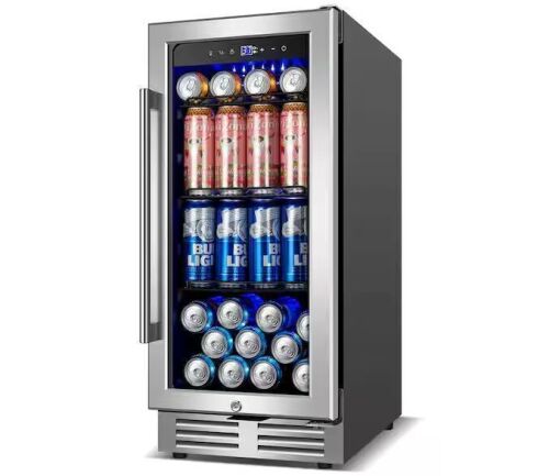 15 in. Built-In Single Zone 170-Can Beverage Refrigerator in Stainless Steel with Blue LED Interior Lighting