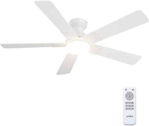 addlon 52 Inch White Low Profile Ceiling Fans with Lights and Remote | Flush mount, 3-color dimmable light, quiet reversible DC motor, easy install, memory, timer, bedroom, covered outdoor areas