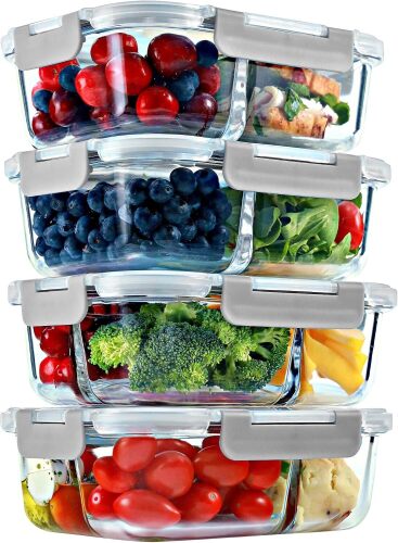 Glass Meal Prep Containers 2 & 3 Compartment, Leak-Proof Lids 32 oz 4 Pack