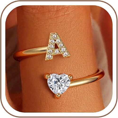 Initial Heart Rings for Women - 14K Gold Plated Adjustable Letter A-Z Rings Fashion Jewelry Gifts for Women