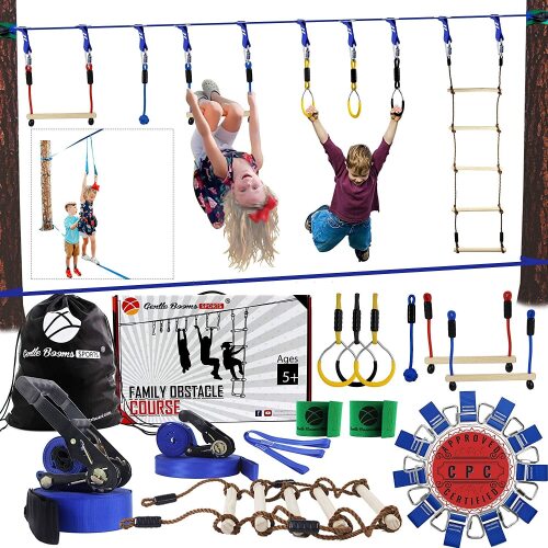 Ninja Warrior Obstacle Course for Kids, 65 FT Durable Slackline with 7 Obstacles-Swings, Monkey Bars, Arm Trainers and More, Weatherproof Outdoor Obstacle Course for Backyard, Gym, Field，3+ Years Old